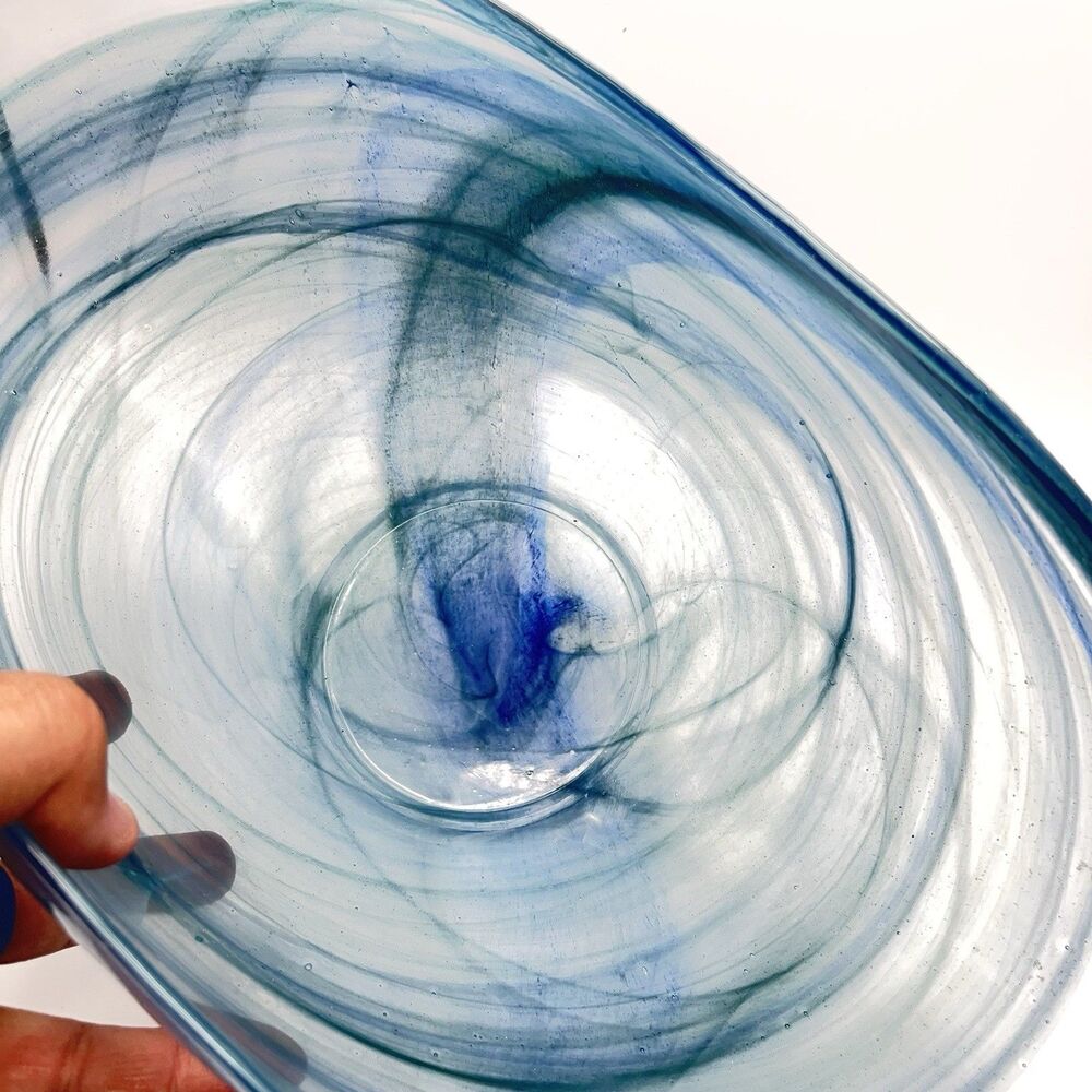 14"x7" Oval Blue Folded Satin Glass Bowl Lines Swirls - Picture 8 of 16